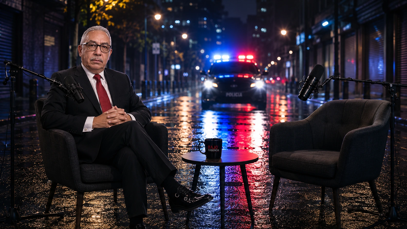 Joel García sentado en una silla de podcast en una calle nocturna con un vehículo policial al fondo y una silla vacía al lado